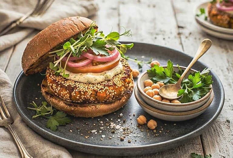 vegan sweet potato chickpea sesame moist pattie on a gluten free bun