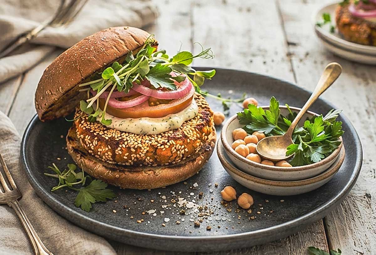 vegan sweet potato chickpea sesame moist pattie on a gluten free bun