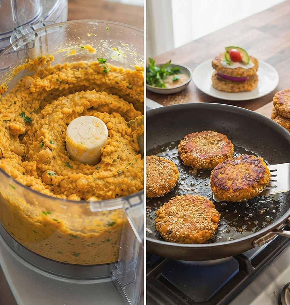 this photo shows finally mixture texture in a food processor & frying the patties in a skillet keeping them firm and crispy