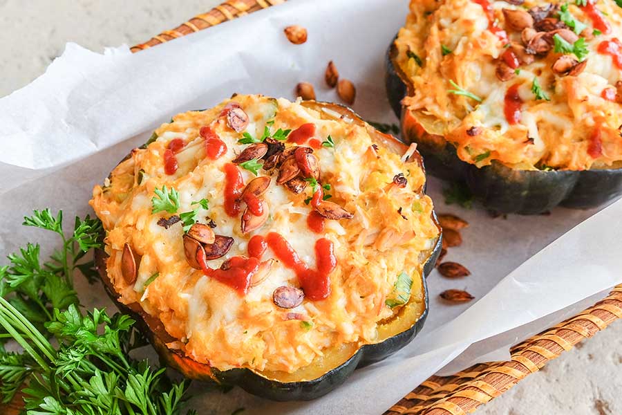 stuffed acorn squash with cheesy buffalo leftover turkey