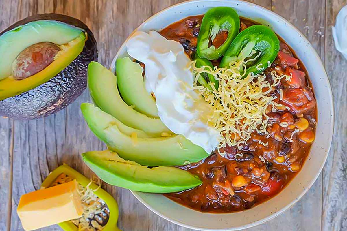 chili in a bowl with toppings, gluten free