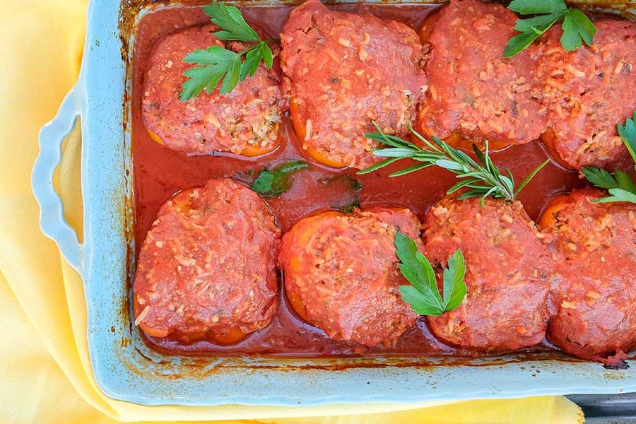 Hungarian stuffed peppers in a casserole dish, gluten free