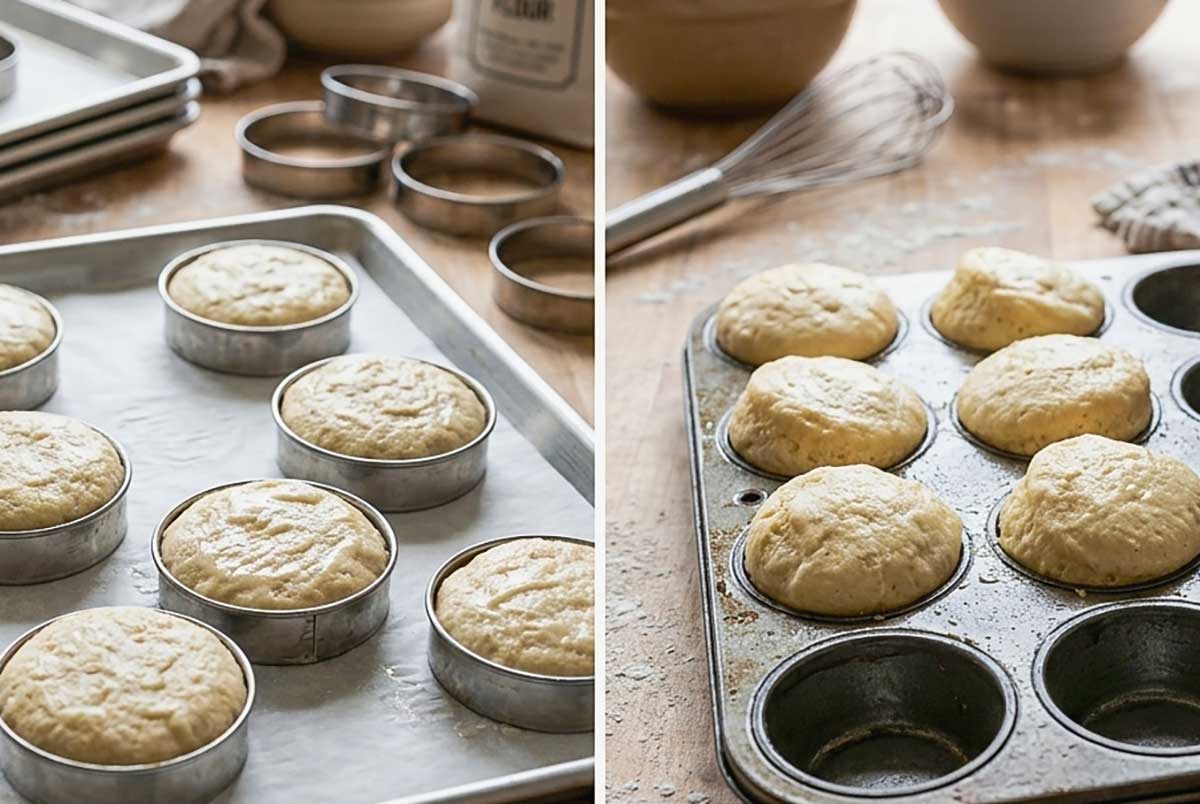 A side-by-side comparison photo of English muffin batter proofing using two different methods on a rustic wooden countertop