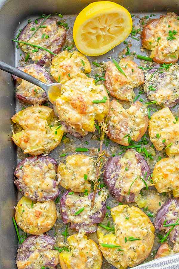 smashed crispy potatoes on a pan