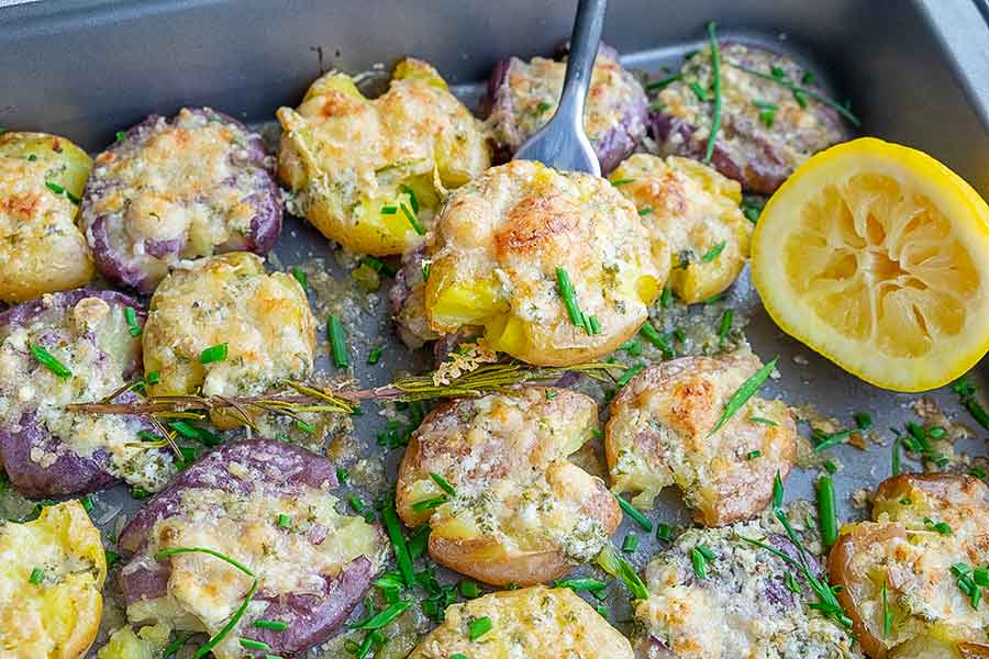 smashed potatoes in a pan