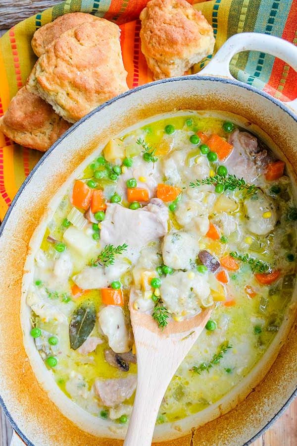 chicken stew with gluten-free dumplings in a pot