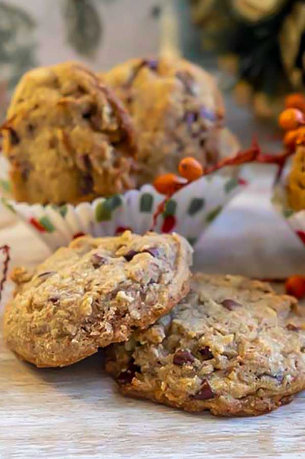 close up of 2 keto chocolate chip cookies