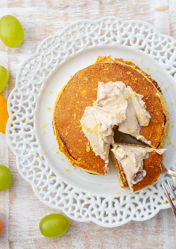 stacked keto pancakes topped with cinnamon cream cheese