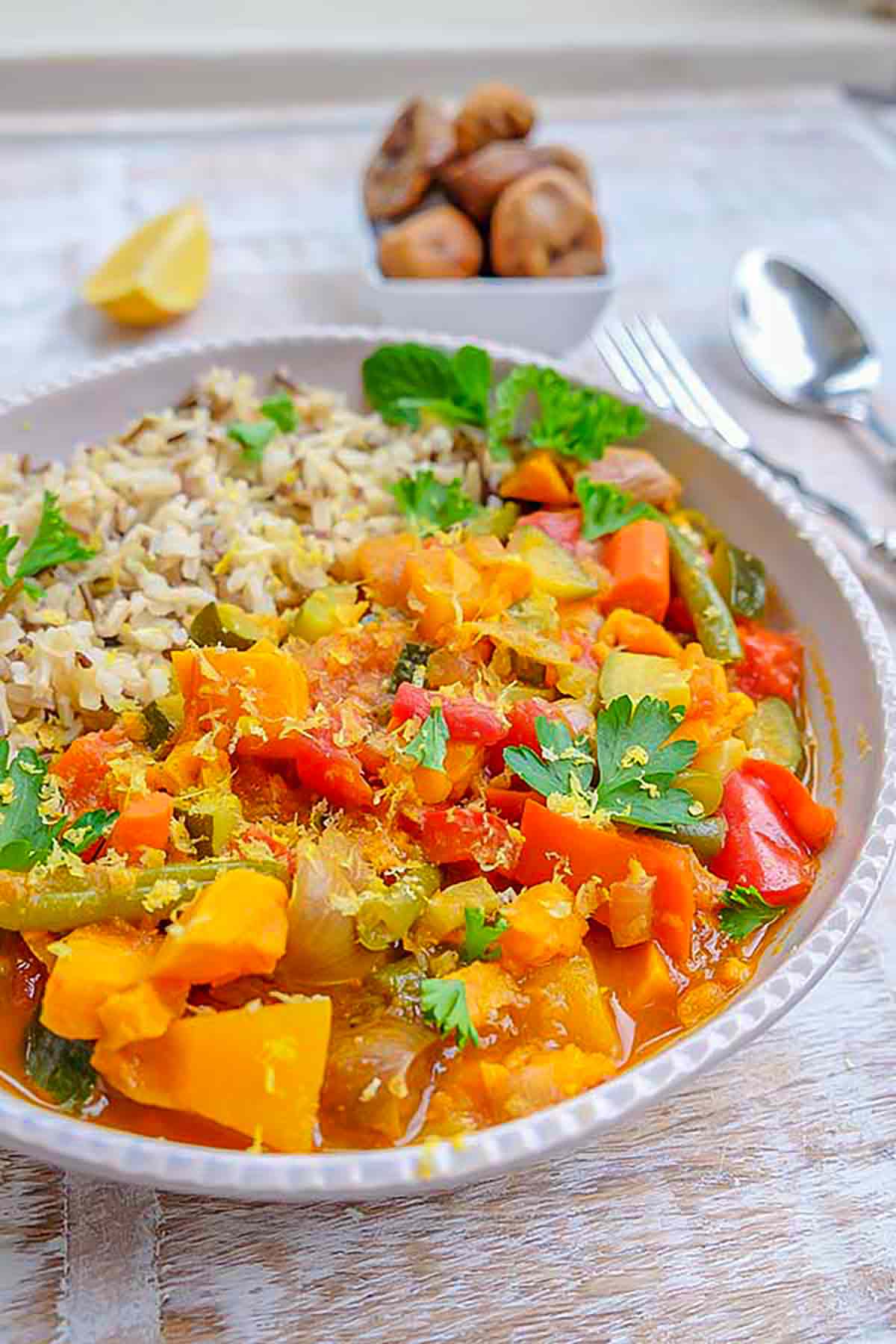 moroccan vegan stew with rice in a bowl
