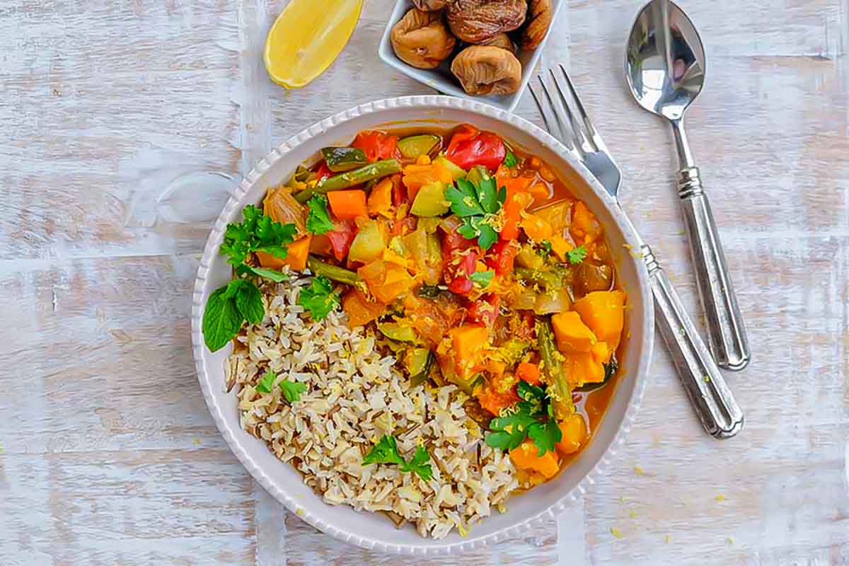 featuring various vegetables in a Moroccan stew in a bowl