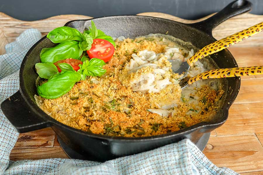 mushroom tetrazzini in a cast iron skillet, gluten-free