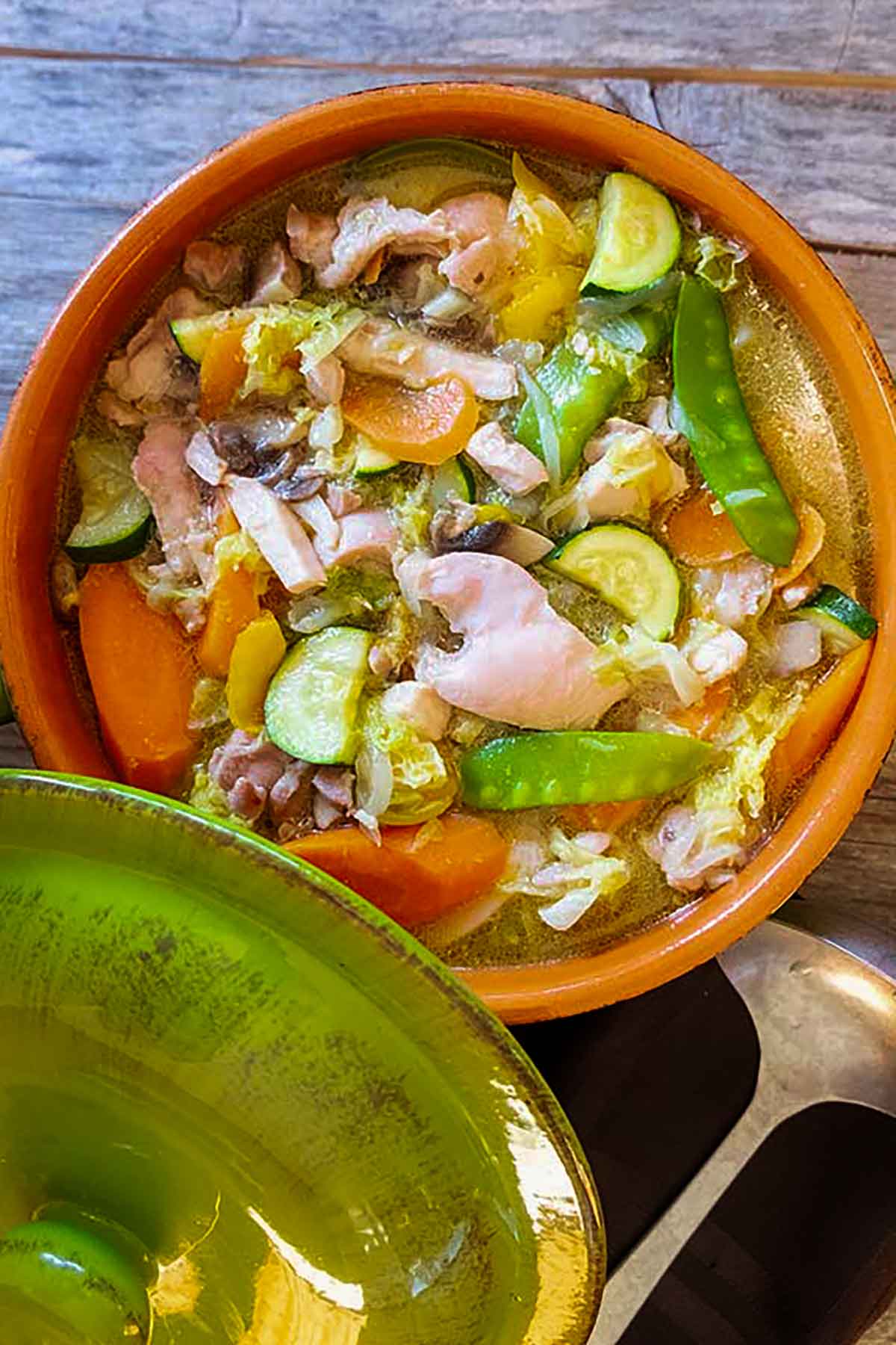 gluten free chicken vegetable stew with a light broth, tender chicken and lots of veggies