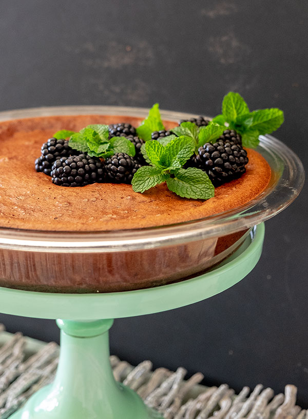 chocolate blackberry pie in a pie dish, gluten free, chocolate