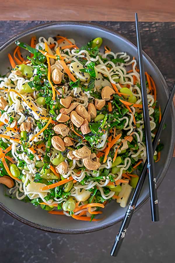 ramen veggies, peanuts in a bowl with chopsticks