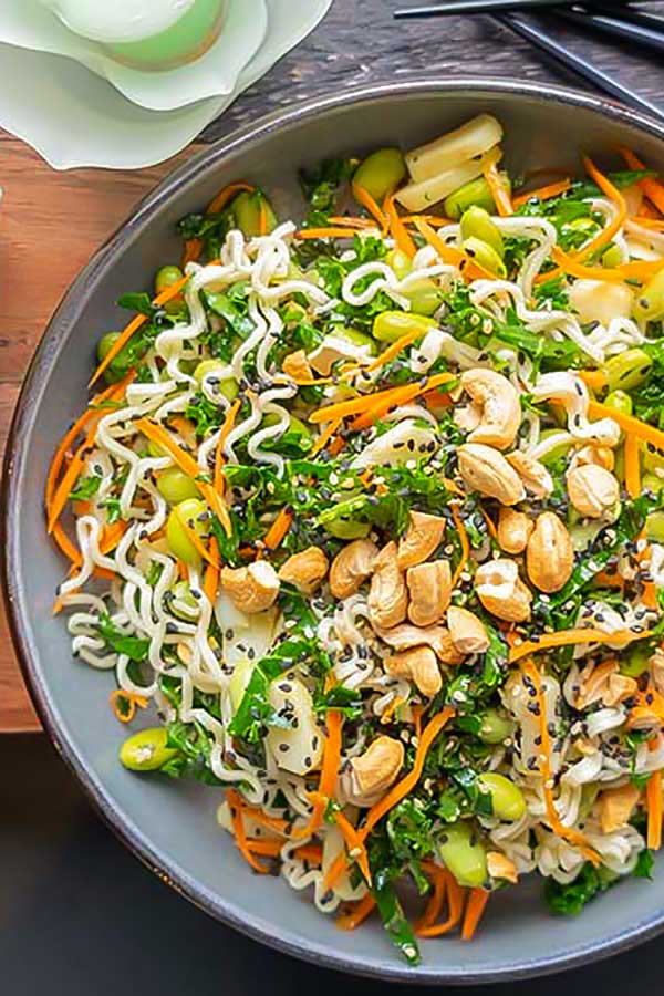 ramen salad with veggies in a bowl