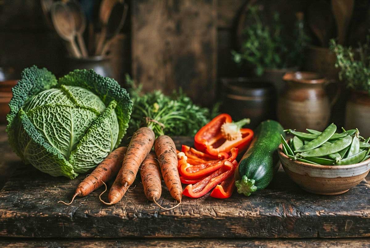 whole Napa cabbage, carrots, bell peppers, zucchini and snow peas on a wooden board for the stew