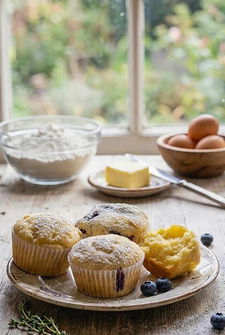 4 basic gluten free muffins one cut in half showing moist crumb on a plate