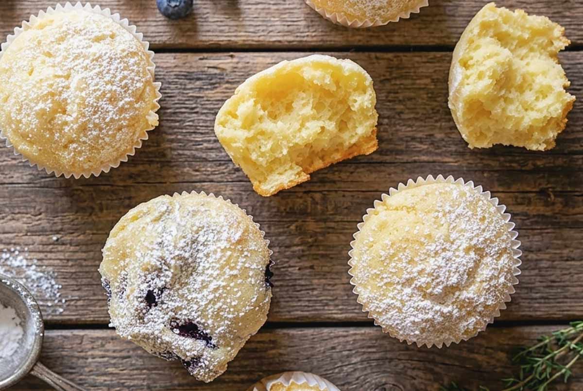 gluten free basic muffins one halved showing light texture dusted with powdered sugar on a wooden board 