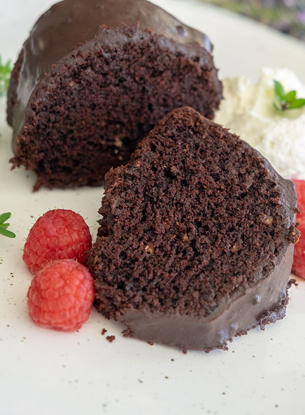 2 slices of chocolate bundt cake on a plate, gluten free