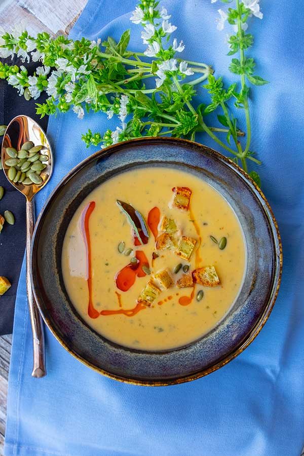 instant pot buffalo sweet potato soup in a bowl