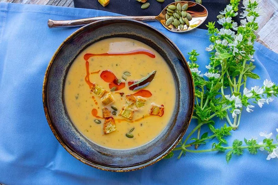 instant pot buffalo sweet potato soup in a bowl