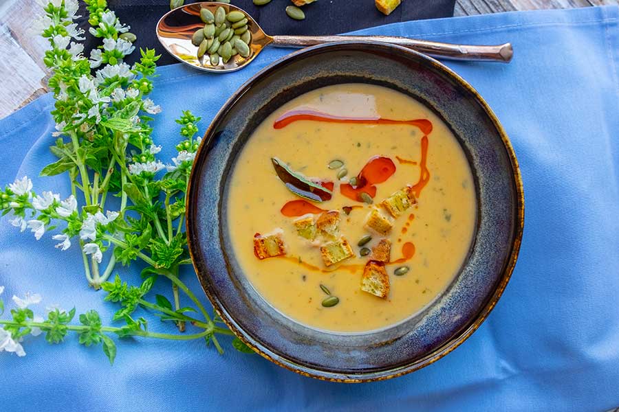 instant pot buffalo sweet potato soup in a bowl gluten free