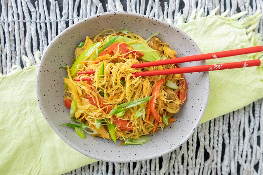 singapore gluten-free noodles with leftover turkey in a bowl