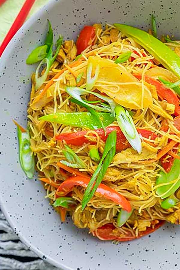 leftover turkey singapore noodles in a bowl