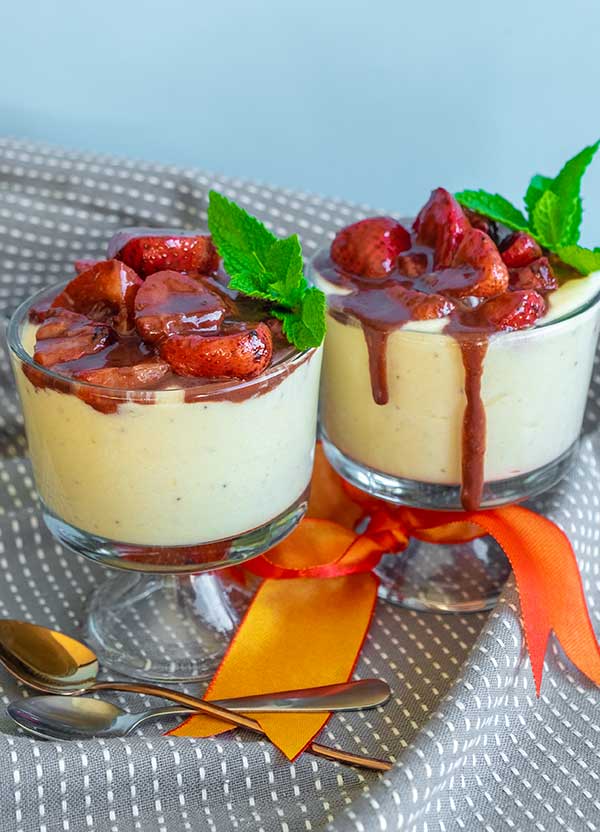 banana mousse with strawberry chocolate sauce, gluten free