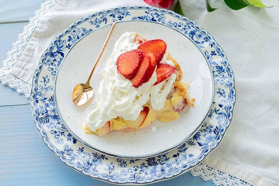 slice. of strawberry cream pie dessert on a plate, gluten free