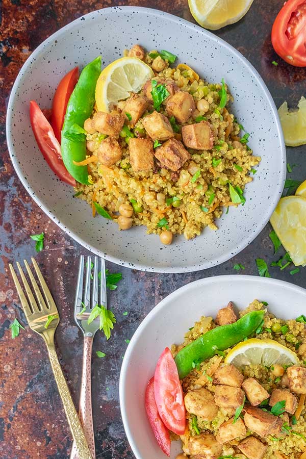 tandoori faux chicken quinoa bowl, gluten free, vegan