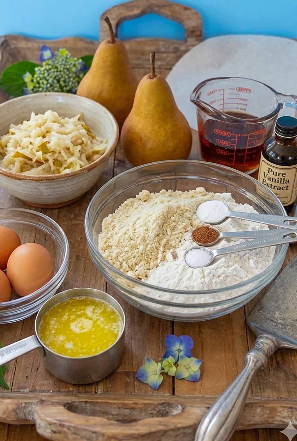 gluten free ingredients for French pear cake, flour, eggs, vanilla, maple syrup, grated Bosch pears, melted butter