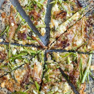 Gluten-Free Sesame Pizza With Shaved Asparagus & Caramelized Onions