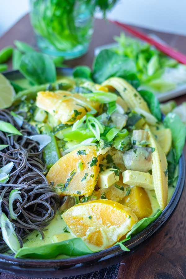 veggies with soba noodles in coconut ginger sauce