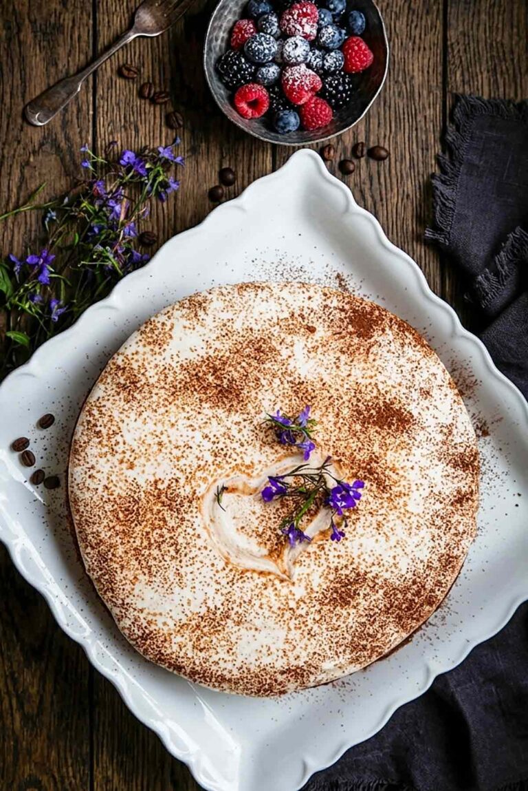 overhead view of Baked Coffee Mascarpone Tiramisu Cheesecake dusted with cocoa powder and decorated with flowers