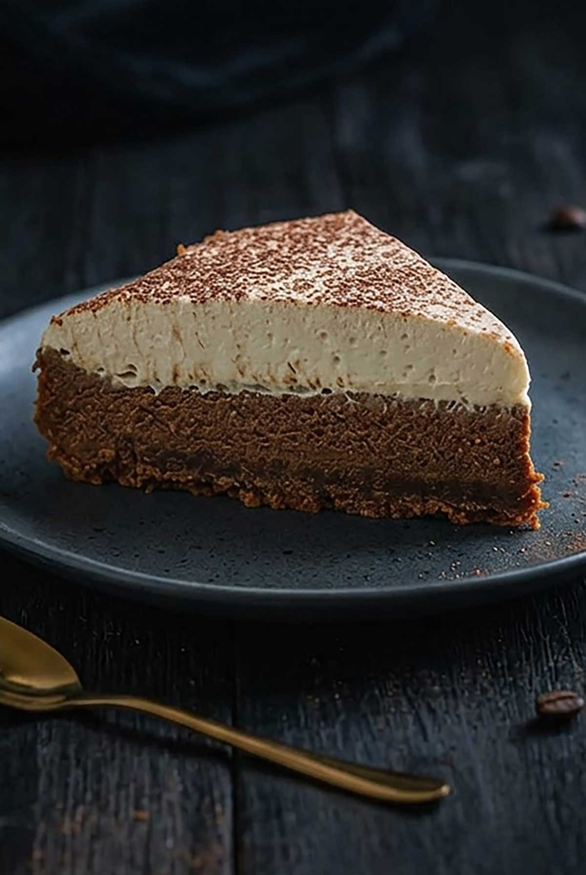 slice of Baked Coffee Mascarpone Tiramisu Cheesecake in a dark room on a dessert plate