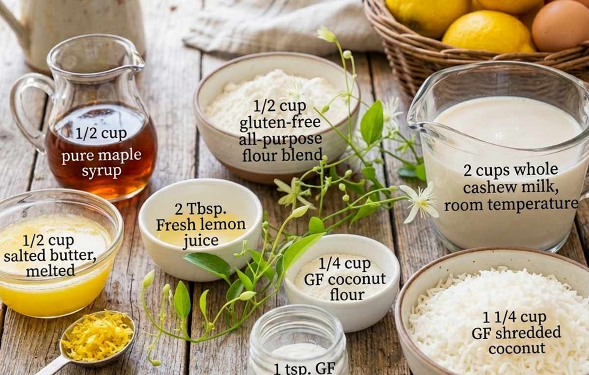 Ingredients for gluten free coconut lemon custard pie in bowls on a rustic table