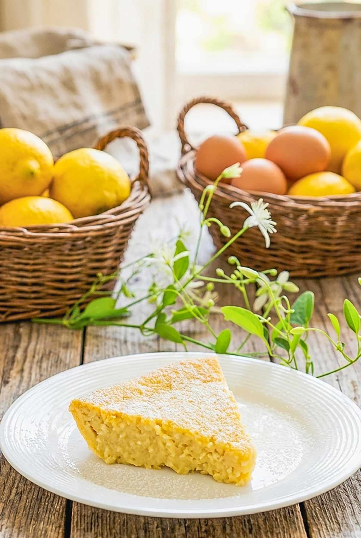 A slice of gluten-free coconut lemon custard pie with baskets of fresh lemons and eggs in the background