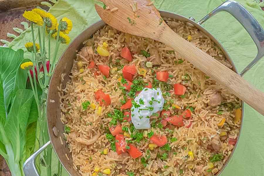 taco rice chicken dinner in a skillet