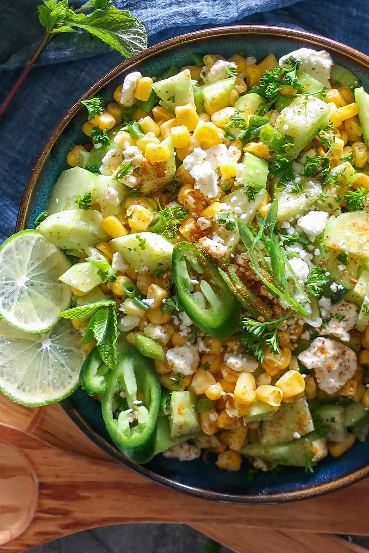 close up of Mexican corn salad with cucumber