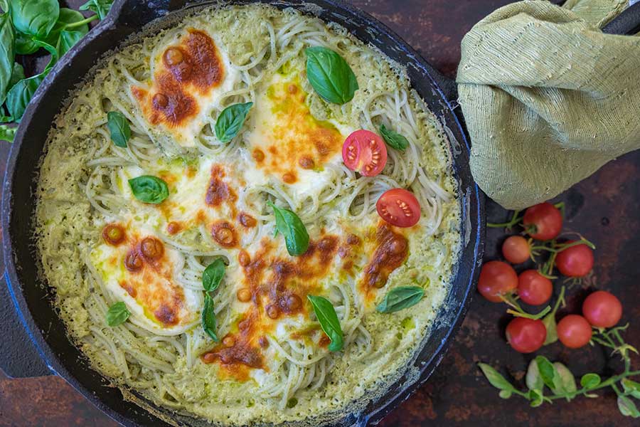 baked gluten-free Alfredo pasta in a skillet