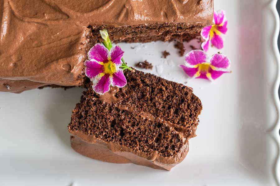 close up of sliced gluten free chocolate cake with nutella frosting