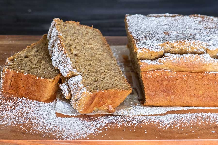 side view of sliced chai spiced banana bread, gluten free