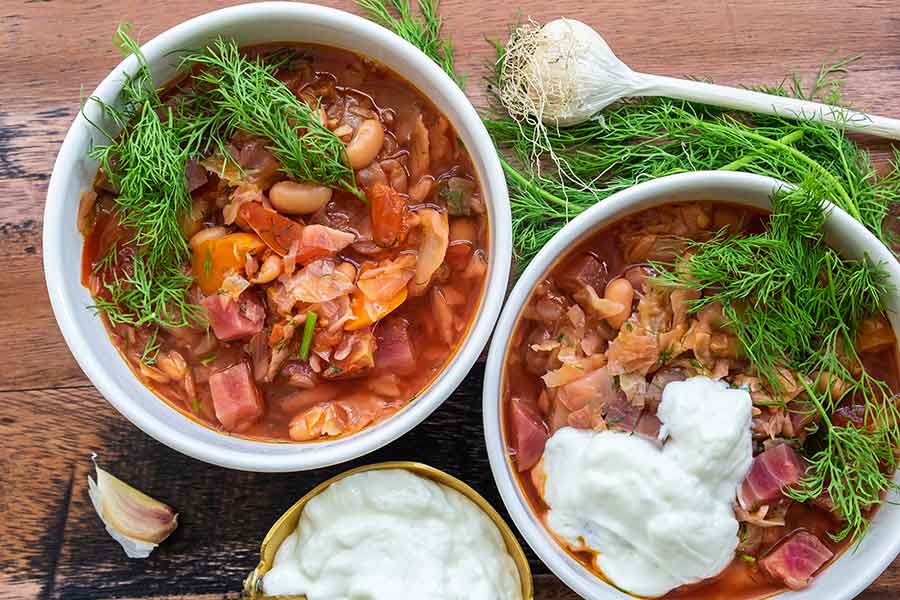 two bowl of Ukrainian borscht made in an Instant Pot