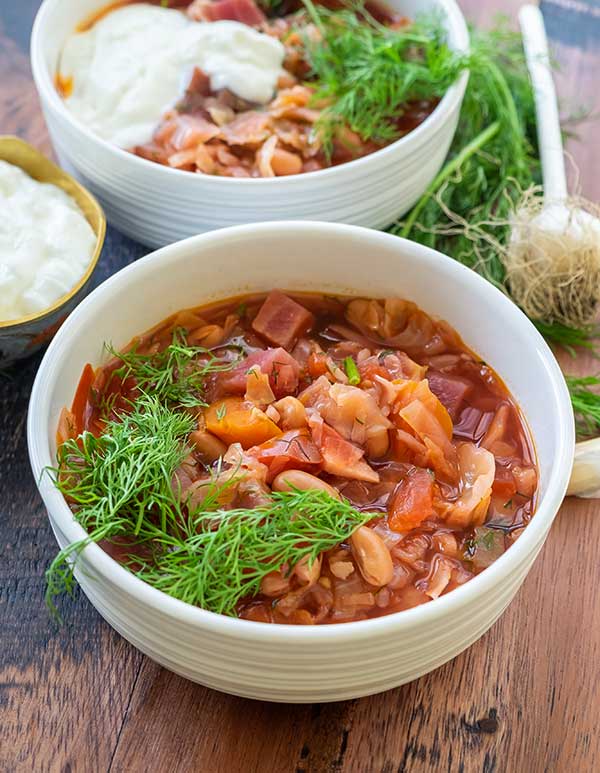 vegetariat borscht in a bowl, leafy greens recipes