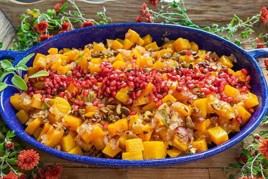 butternut squash with roasted pistachios and pomegranate