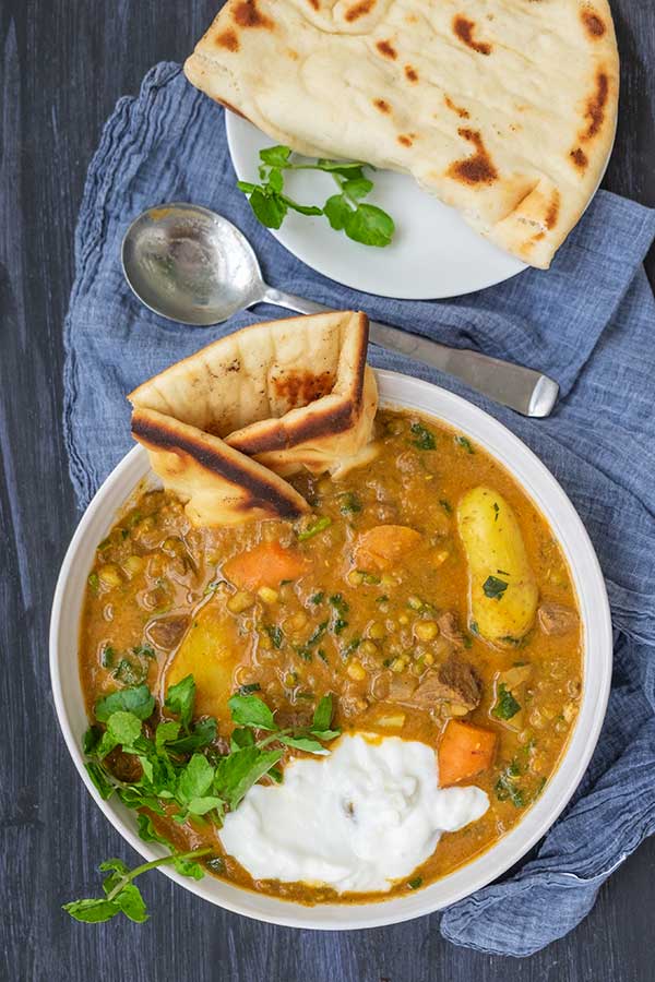 spiced beef stew with mung beans in a bowl