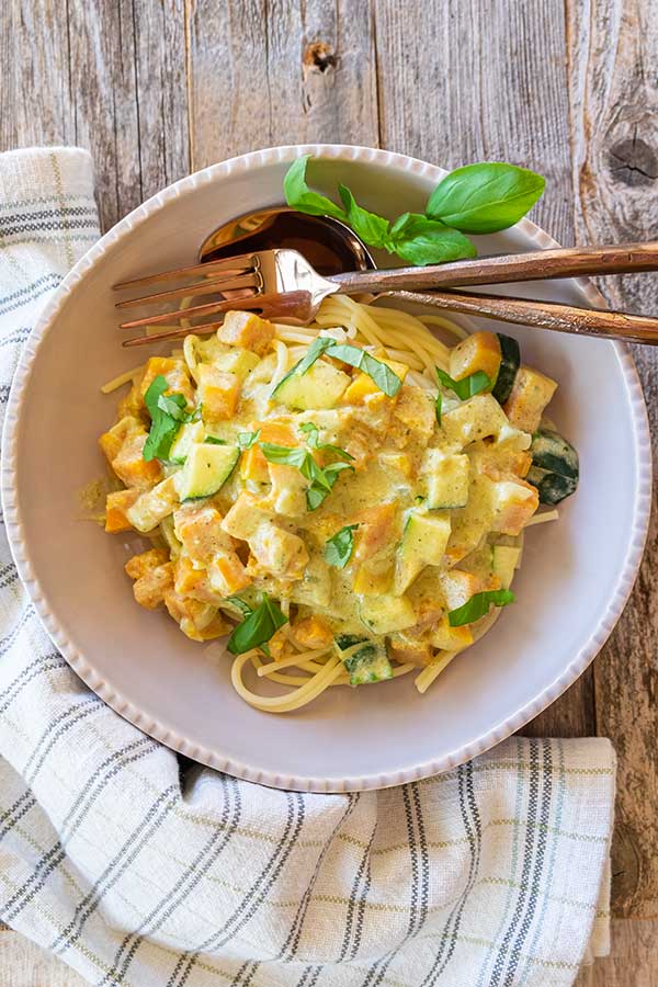 Squash Pesto Cream Sauce Pasta in a bowl