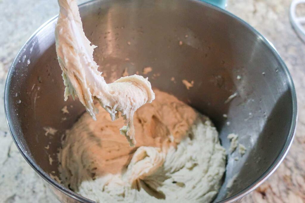 focaccia dough in a bowl with dough hook