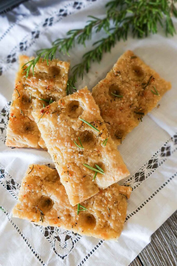 sliced focaccia infused with garlic and rosemary
